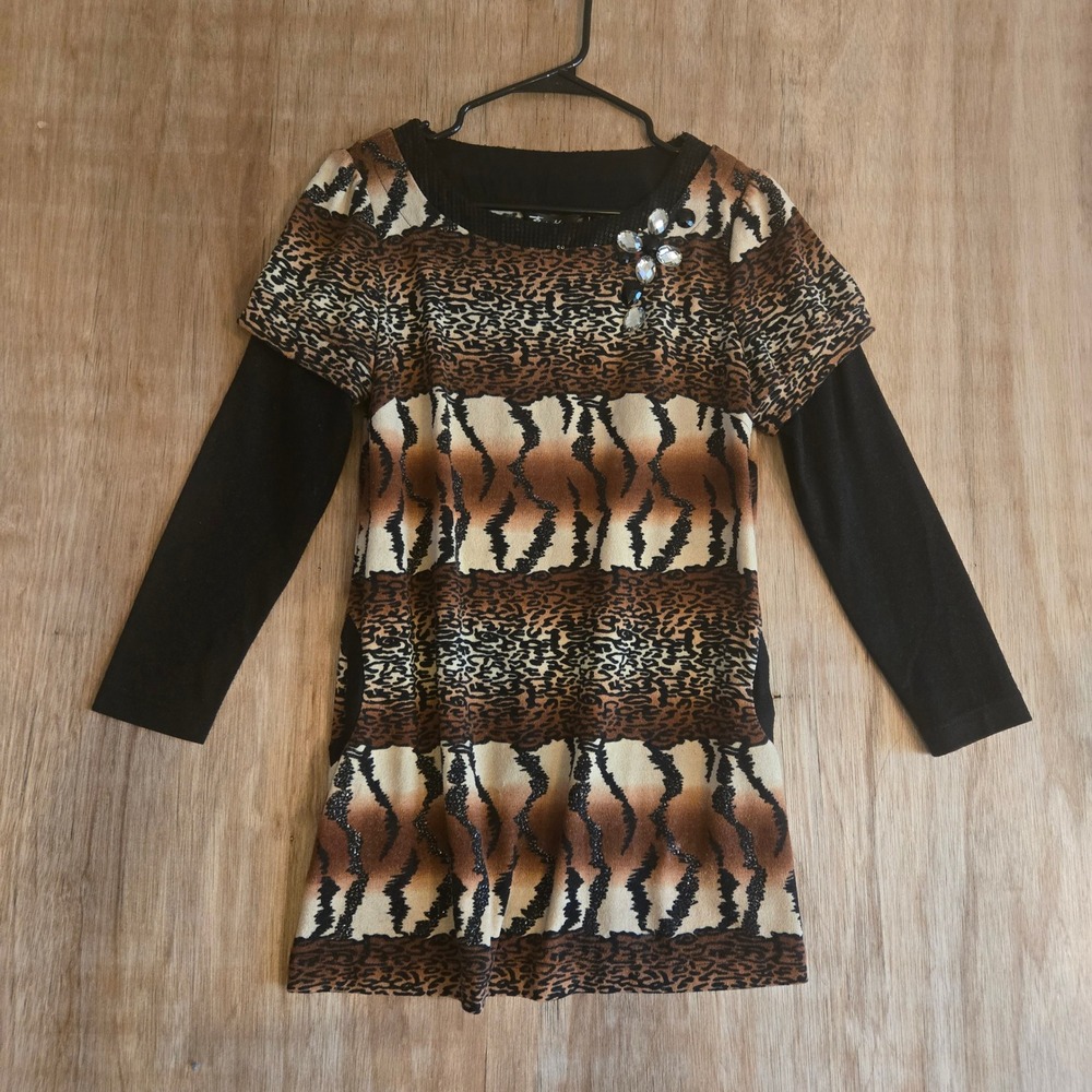 Xizhimei Animal Print Tunic Top Jewel Sequin Neck Layered Look Brown Black L